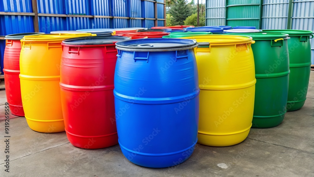 A brightly colored, heavy-duty plastic barrel drum with a tight-fitting lid, commonly used for industrial storage and transportation of liquids and chemicals. A brightly colored, heavy-duty plastic barrel drum with a tight-fitting lid, commonly used for industrial storage and transportation of liquids and chemicals.