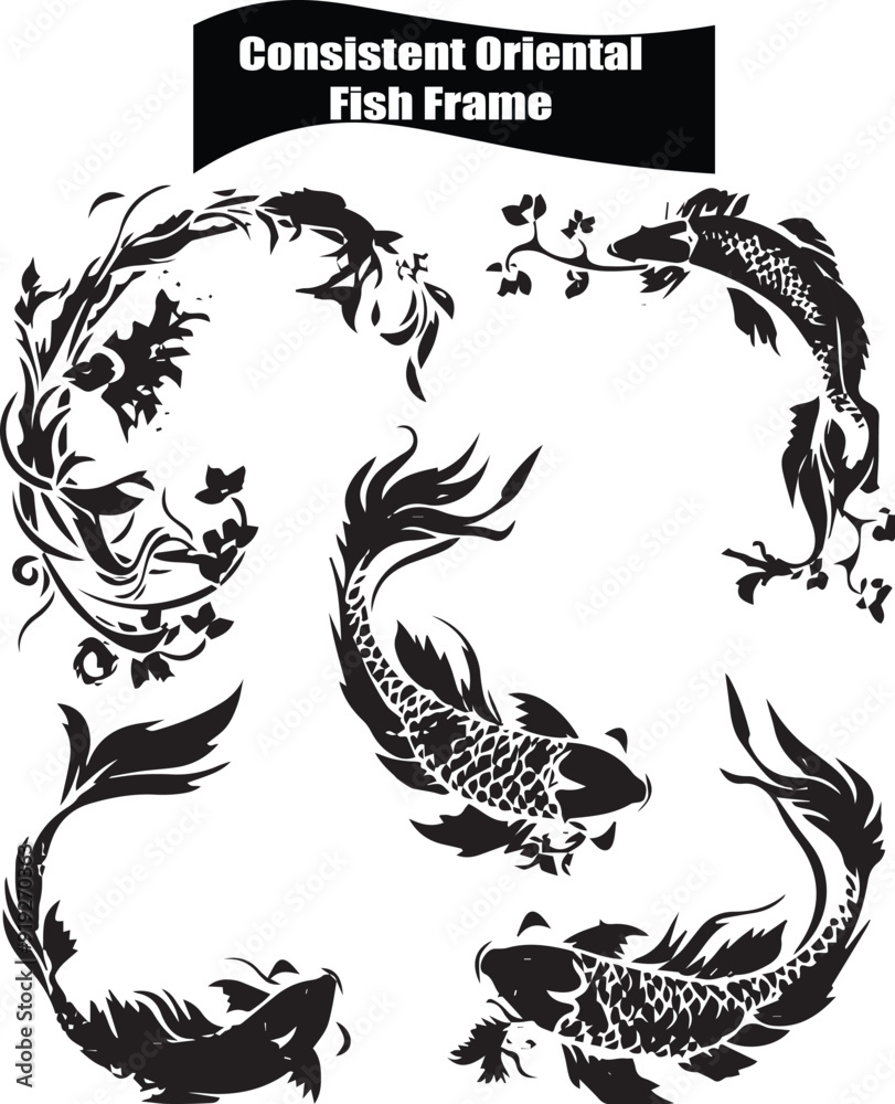 Naklejka premium Consistent Oriental Fish Frame Flat Black Silhouette Vector Art Bundle