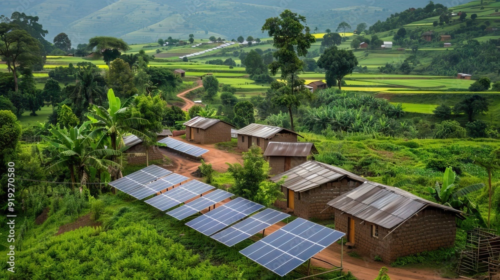 Panoramic nature background (mountains, sea, trees, twilight lights in the sky, waterfront communities), naturally blurred through the wind. AI generated illustration