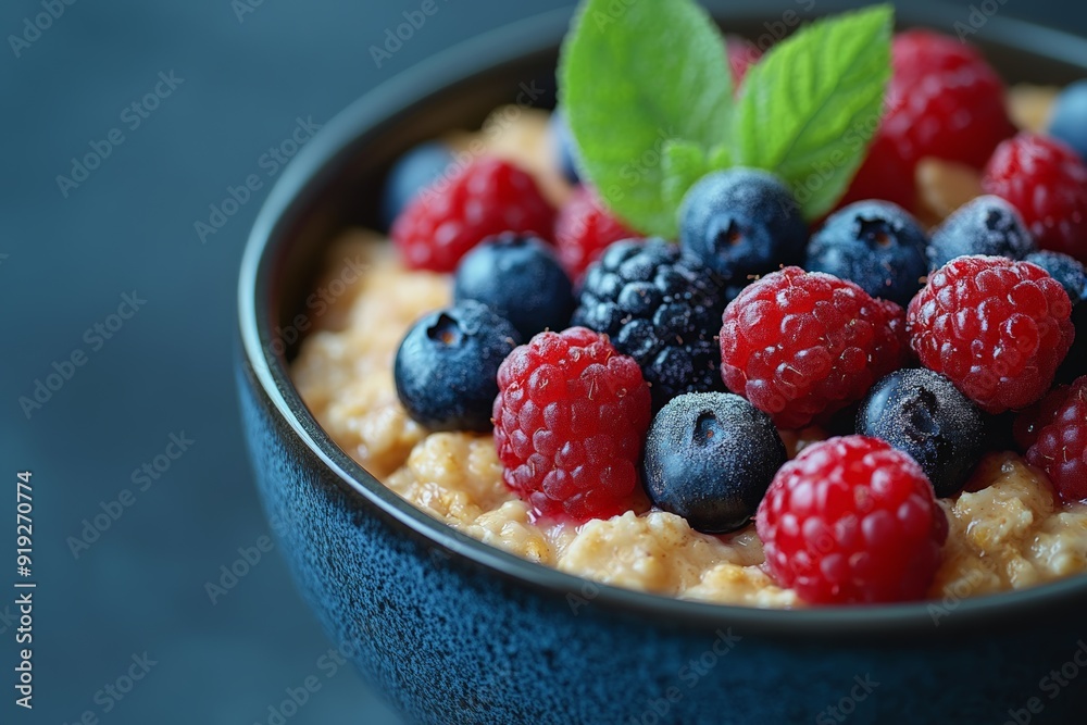 A bowl of oatmeal topped with fresh berries and mint leaves, offering a healthy and colorful breakfast option.
