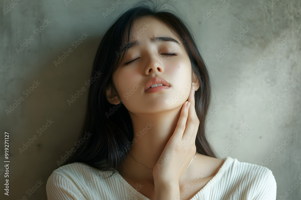 Asian Young Woman Checking Sore Throat and Painful Thyroid Gland Asian Young Woman Checking Sore Throat and Painful Thyroid Gland