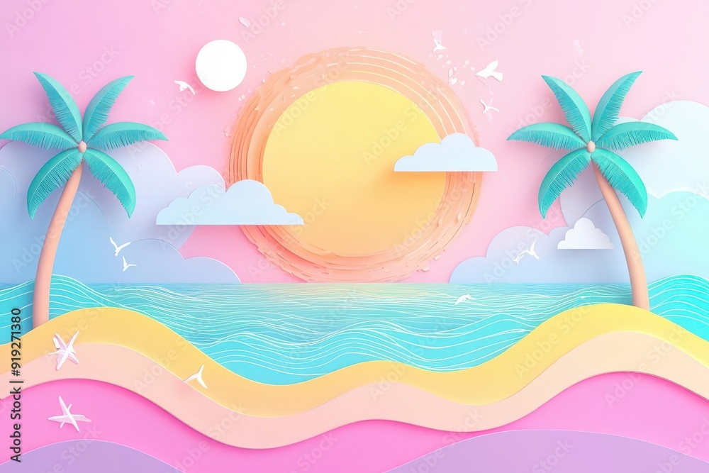 Paper cut out of a tropical beach scene with palm trees, sun, and ocean.