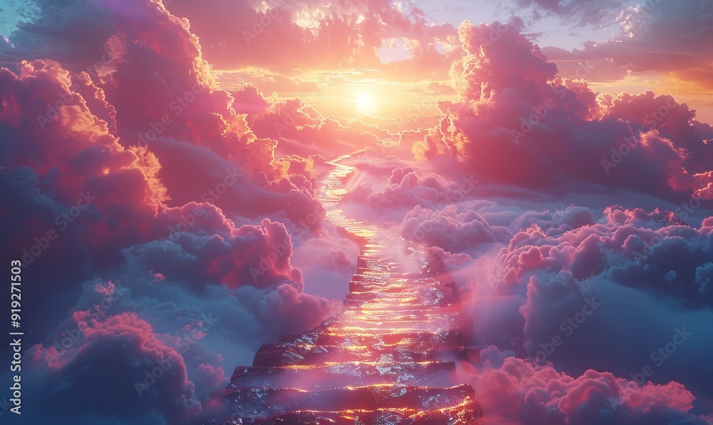 Obraz premium a staircase extending into the sky with clouds above,a bright light from sunset.