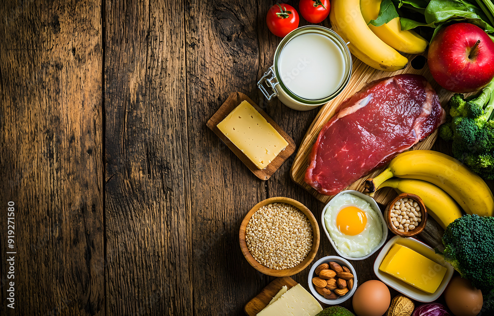 Healthy Food Assortment: A Top-Down View of Nutritious Ingredients