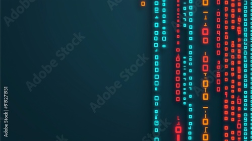 Vertical binary code pattern with glowing numbers on dark background.
