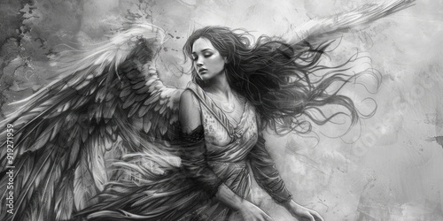 A grayscale drawing of an angel woman.
