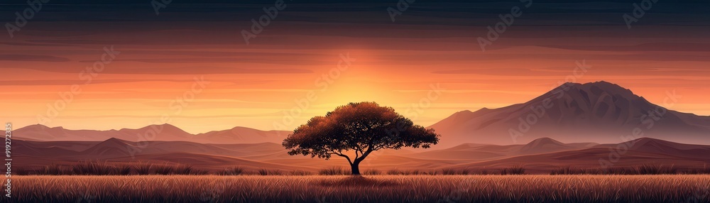 Silhouette of a lone tree against a vibrant sunset over rolling hills. Silhouette of a lone tree against a vibrant sunset over rolling hills.