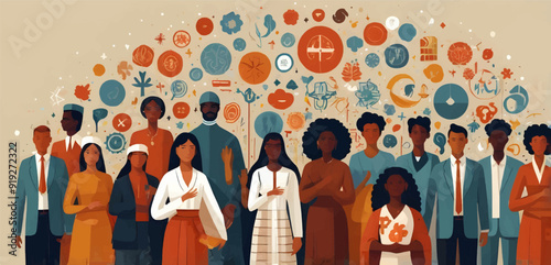 Vibrant abstract art seamless pattern featuring a diverse crowd of people. A multi-ethnic community and culturally rich group depicted in a modern collage painting style