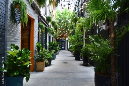 An urban alley is transformed with recycled art and lush greenery, symbolizing the power of restoration and environmental recycling efforts.