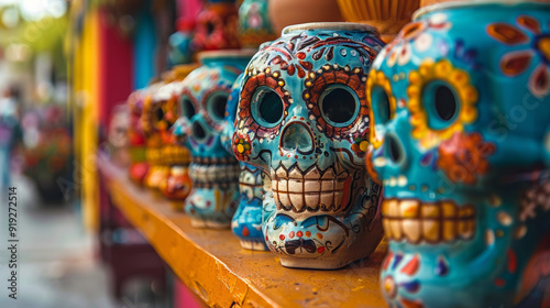 Colorful sugar skulls adorn a festive display for Day of the Dead celebrations