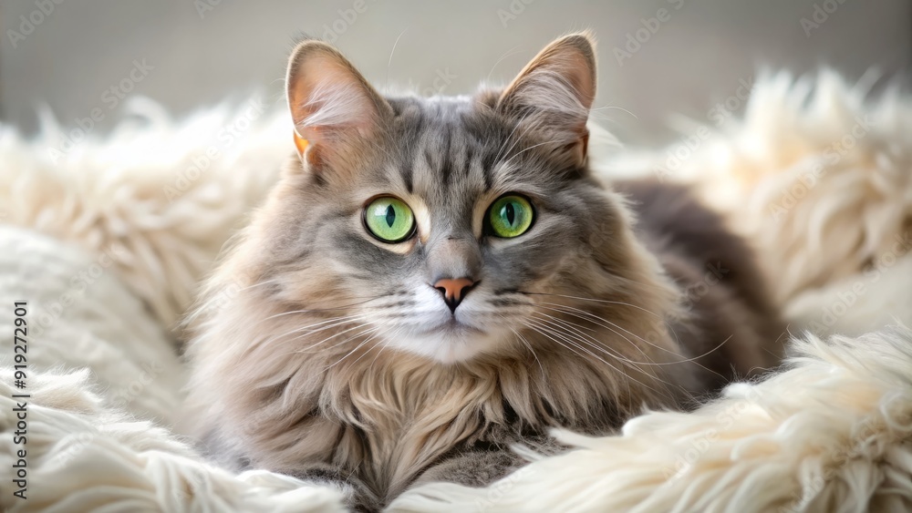 Adorable fluffy grey cat with bright green eyes and pink nose lounges on soft white blanket, showcasing its serene and gentle personality. Adorable fluffy grey cat with bright green eyes and pink nose lounges on soft white blanket, showcasing its serene and gentle personality.