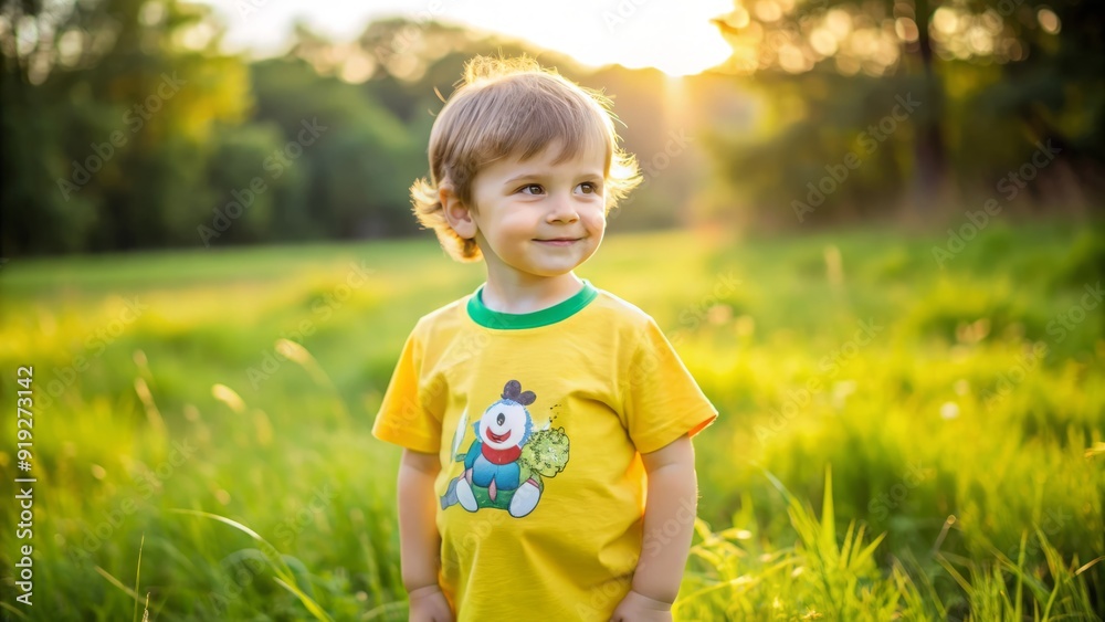 Adorable little boy wearing a bright yellow t-shirt with a fun cartoon character print, standing in a green grassy field on a sunny day. Adorable little boy wearing a bright yellow t-shirt with a fun cartoon character print, standing in a green grassy field on a sunny day.