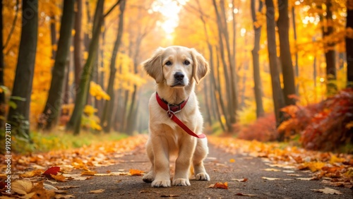 Adorable golden retriever puppy wearing a red collar and leash, exploring outdoors on a scenic autumn trail surrounded by fallen leaves and tall trees. photo