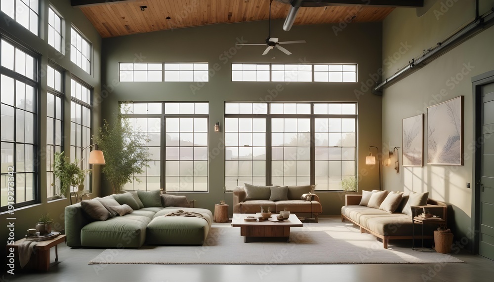 Lowering shot of a unique modern rustic industrial living space featuring high ceilings, with a large patio garage door partially closing, revealing a mix of wooden and metal elements in the decor, an Lowering shot of a unique modern rustic industrial living space featuring high ceilings, with a large patio garage door partially closing, revealing a mix of wooden and metal elements in the decor, an