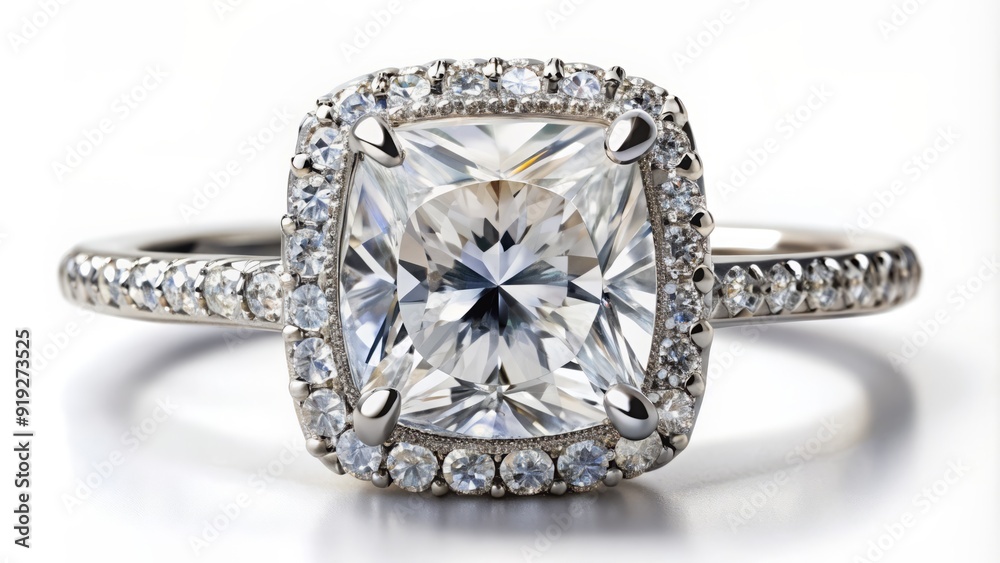 Luxurious closeup of a stunning diamond cushion cut engagement ring on a soft, white background, perfect for romantic wedding commercial banners and advertisements. Luxurious closeup of a stunning diamond cushion cut engagement ring on a soft, white background, perfect for romantic wedding commercial banners and advertisements.