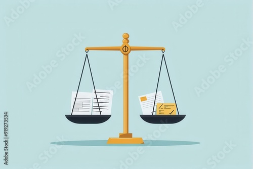 A balanced scale with documents on both sides, representing fairness, justice, and legal balance.