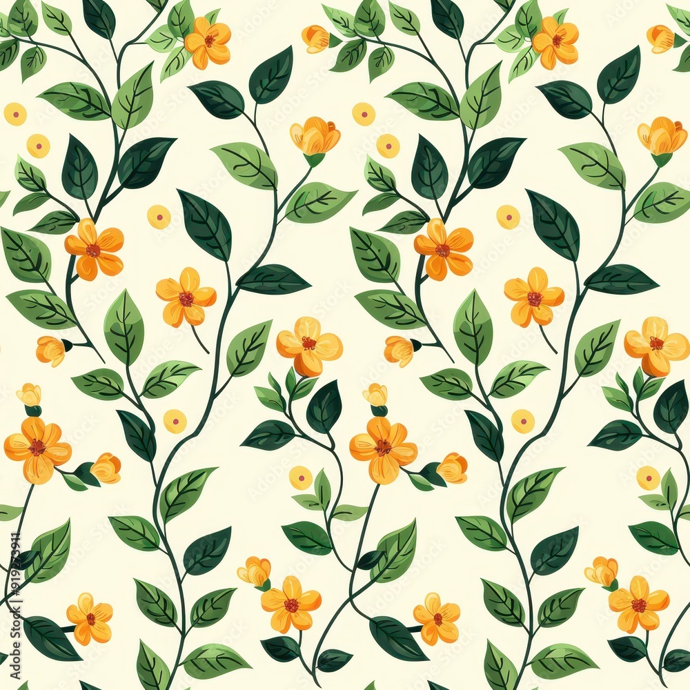 Minimalist floral pattern with yellow flowers and green leaves on a soft background Minimalist floral pattern with yellow flowers and green leaves on a soft background
