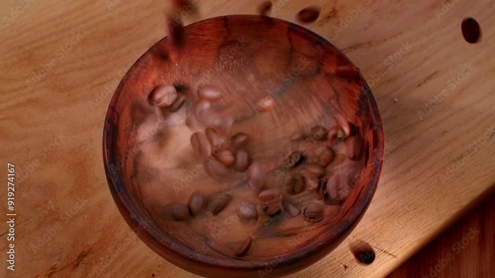 Coffee beans dropping into a bowl, preparing coffee theme Coffee beans dropping into a bowl, preparing coffee theme