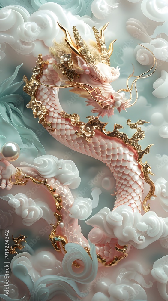 Chinese dragon on clouds with gold ornament and jewels poster background Chinese dragon on clouds with gold ornament and jewels poster background