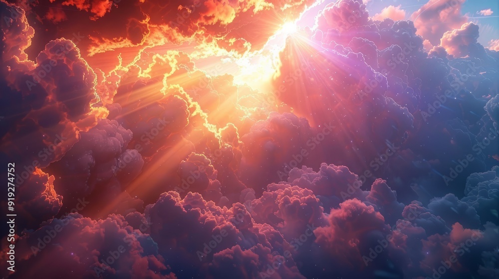 Sunset rays breaking through vibrant clouds over a tranquil landscape at dusk Sunset rays breaking through vibrant clouds over a tranquil landscape at dusk