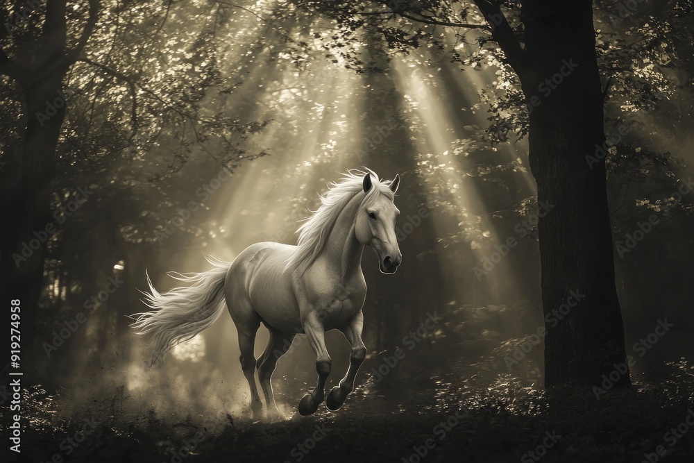A white horse running through a dark forest with rays of light filtering through the trees. A white horse running through a dark forest with rays of light filtering through the trees.