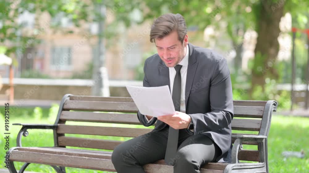 Middle Aged Businessman Shocked while Reading Documents Outdoor Middle Aged Businessman Shocked while Reading Documents Outdoor