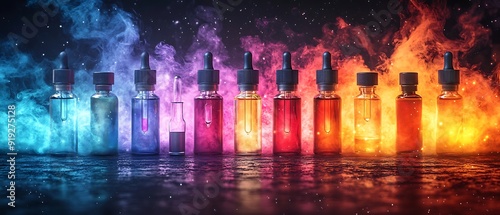Colorful bottles with dropper caps, in front of smoke, on a textured surface.