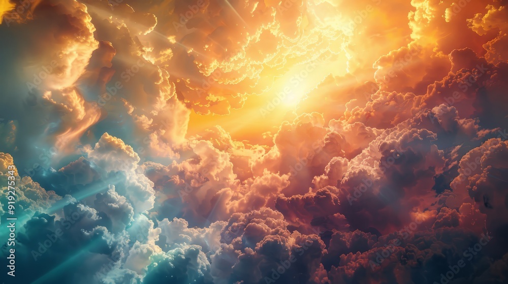 Vibrant sunset over dynamic clouds with rays of sunlight breaking through in a serene sky Vibrant sunset over dynamic clouds with rays of sunlight breaking through in a serene sky