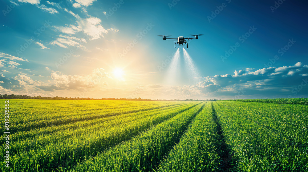 Obraz premium Drone for agriculture flies over green grass and spraying water on the field