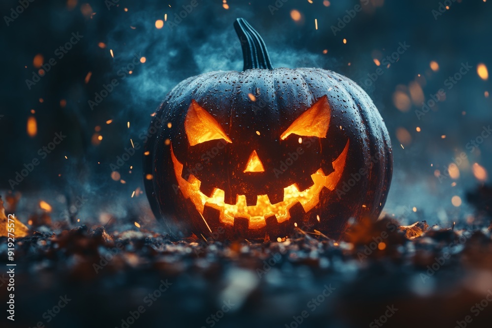 A glowing Jack-o'-lantern sits on a bed of fallen leaves in a misty forest, creating a spooky and atmospheric Halloween scene. A glowing Jack-o'-lantern sits on a bed of fallen leaves in a misty forest, creating a spooky and atmospheric Halloween scene.