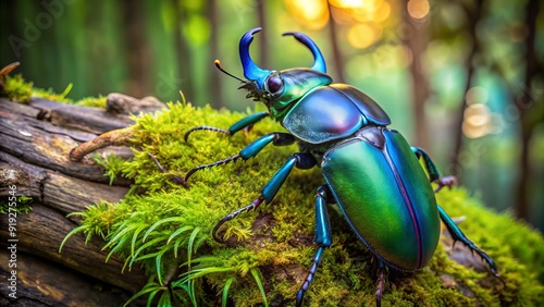 A majestic stag beetle with metallic blue-green elytra and robust mandibles perches on a moss-covered tree trunk in a serene forest habitat. photo