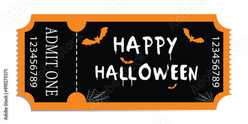Ticket to Halloween. Festive and spooky ticket for the Halloween celebration with bats and spider web. Retro holiday ticket design.