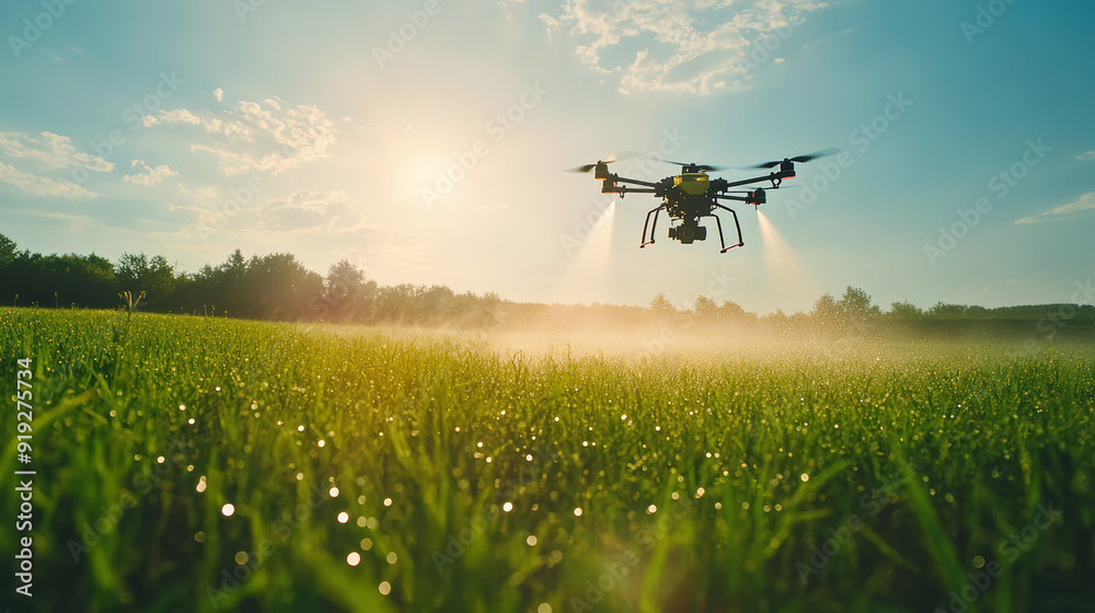 Drone for agriculture flies over green grass and spraying water on the field Drone for agriculture flies over green grass and spraying water on the field