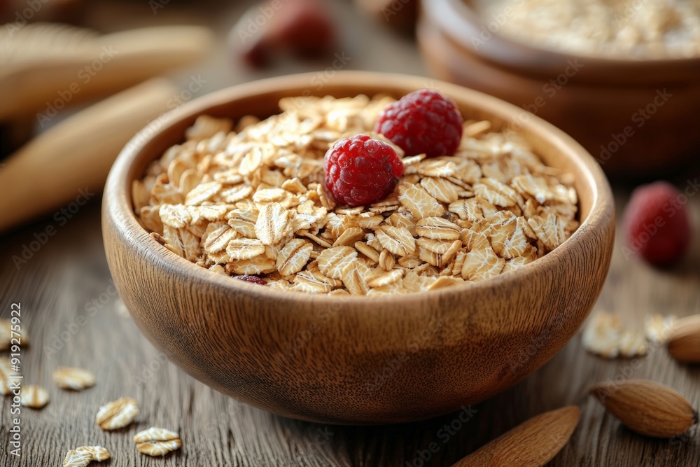 A rustic bowl filled with dry oats and topped with fresh raspberries, making for a simple and healthy breakfast choice. A rustic bowl filled with dry oats and topped with fresh raspberries, making for a simple and healthy breakfast choice.