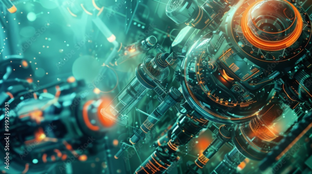 Obraz premium Abstract representation of mechatronics engineering with robotic systems and digital controls, showcasing integration and innovation in technology.