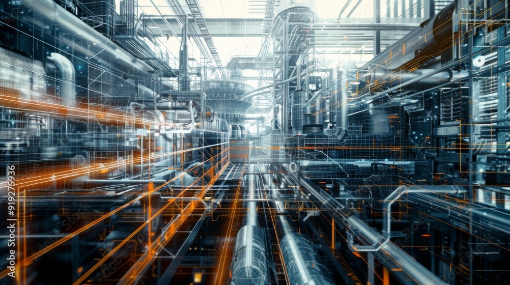Abstract representation of industrial automation with digital controls and robotic systems, showcasing efficiency and innovation in engineering. Abstract representation of industrial automation with digital controls and robotic systems, showcasing efficiency and innovation in engineering.