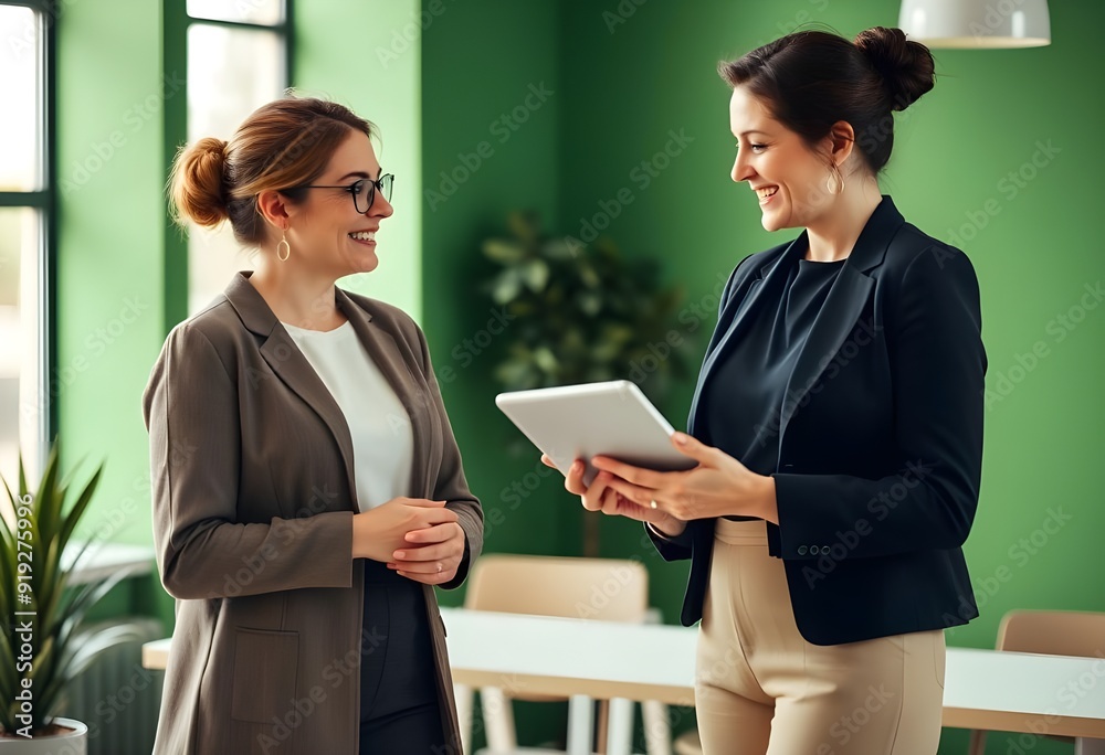 Two professionals collaborate using tablet Two professionals collaborate using tablet