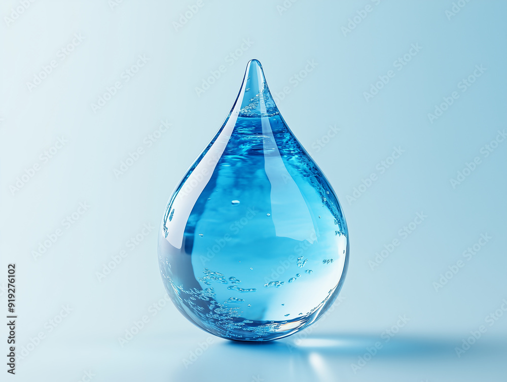 Clear blue water droplet on a light blue background showcasing reflections Clear blue water droplet on a light blue background showcasing reflections