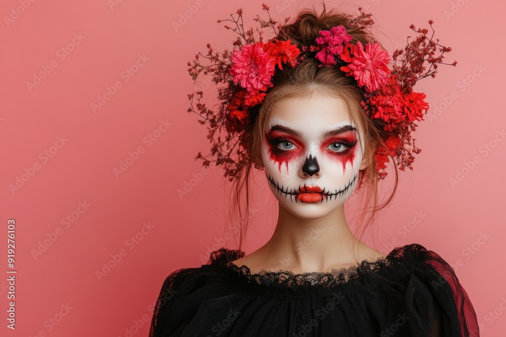 A woman with striking red makeup and a flower crown exudes a haunting beauty, perfectly capturing the eerie yet elegant spirit of Halloween. A woman with striking red makeup and a flower crown exudes a haunting beauty, perfectly capturing the eerie yet elegant spirit of Halloween.