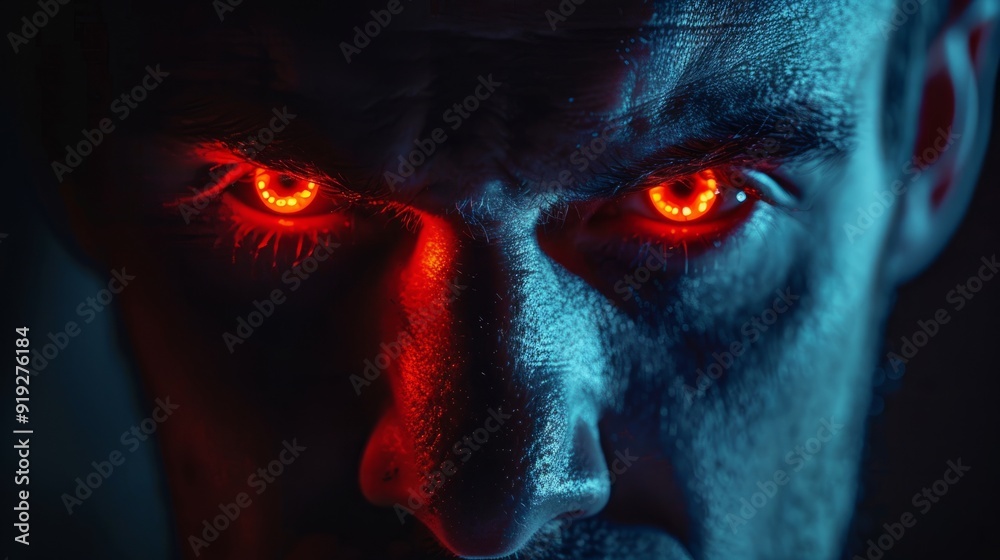 Man with glowing red eyes in dramatic lighting, expressing intensity and emotion at night