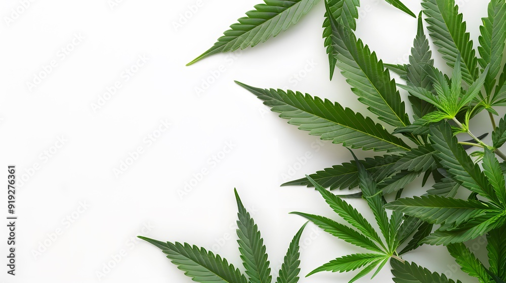 Marijuana leaves on a white background, close up top view on cannabis leaves and branches on white background for alternative medical and marketing design concept Marijuana leaves on a white background, close up top view on cannabis leaves and branches on white background for alternative medical and marketing design concept