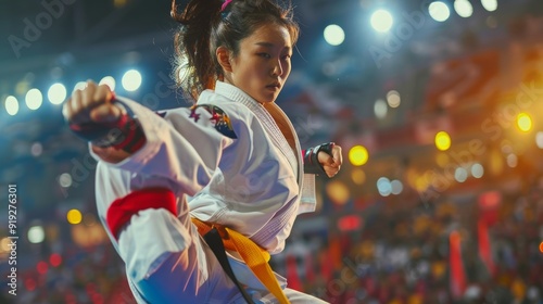 Dynamic Taekwondo Action: Chinese Flyweight Athlete Dominates the Arena photo