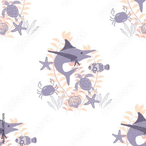 Sea background with ikat beautiful drawing nemo fish, blue marlin, and other swimming underwater. Cool wallpaper. fabric,Vector illustration.