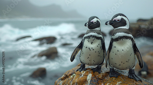 African penguins are walking on a rocky beach 