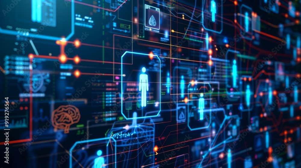 Abstract visualization of digital health records with interconnected data and analytics, illustrating innovation in patient information management. Abstract visualization of digital health records with interconnected data and analytics, illustrating innovation in patient information management.