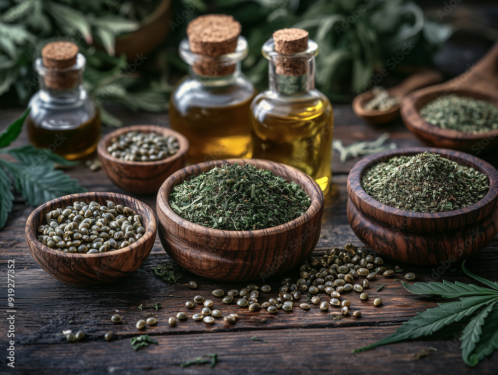 Herbs and oils displayed in wooden bowls on a rustic table surrounded by fresh leaves and natural ingredients Herbs and oils displayed in wooden bowls on a rustic table surrounded by fresh leaves and natural ingredients