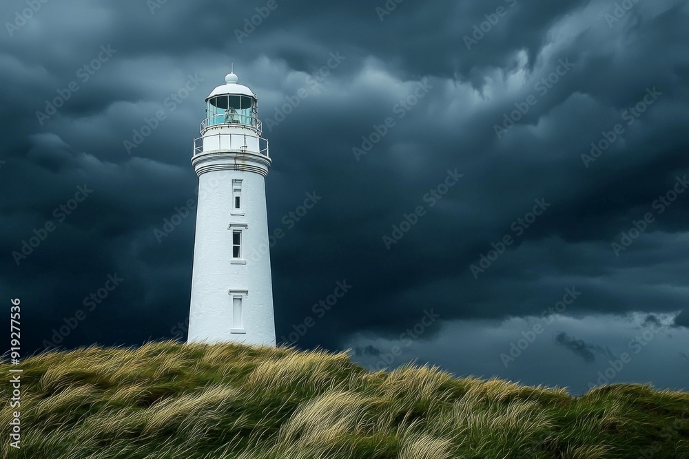 A white lighthouse tower standing against a dark, stormy sky. A white lighthouse tower standing against a dark, stormy sky.