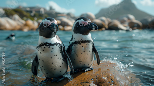African penguins are walking on a rocky beach 
