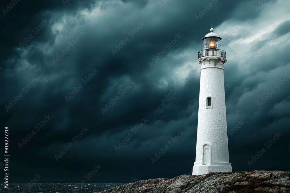 A white lighthouse tower standing against a dark, stormy sky. A white lighthouse tower standing against a dark, stormy sky.
