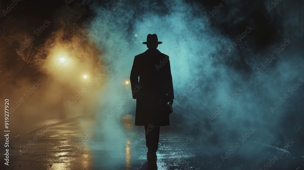 Mysterious figure walking through smoky urban street at night Mysterious figure walking through smoky urban street at night